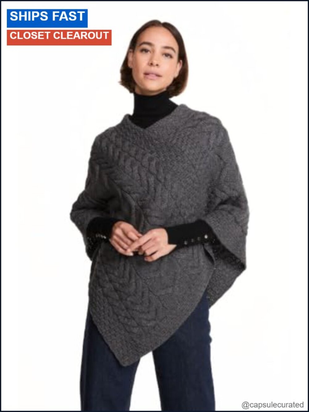 100% Irish Merino Wool Cable Knit Wrap Poncho V-Neck Pullover
